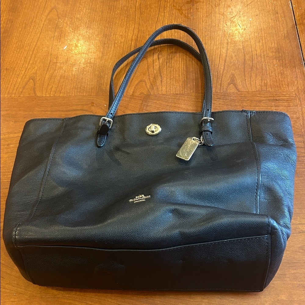 Coach turnlock black leather tote bag